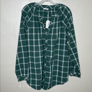 JODIFL Green Plaid Button Front Mandarin Collar Earthy Vibe Hand Pockets Shirt